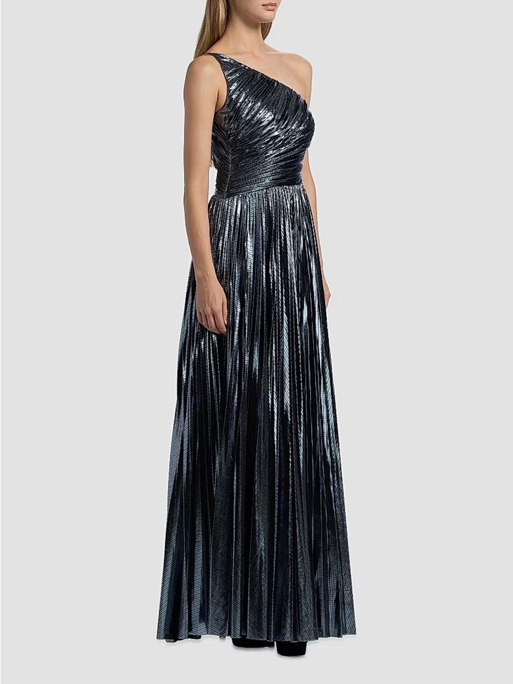 Halston Heritage Terese One-Shoulder Metallic Navy Evening Gown